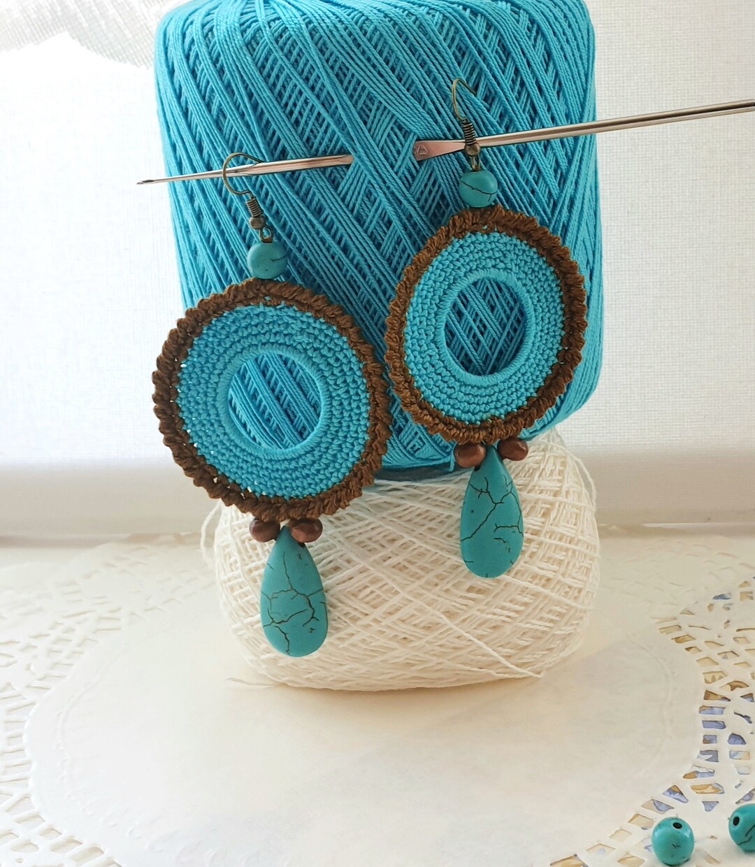 Turquoise Earrings Crochet Hoop Earrings Circle Earrings Dangle