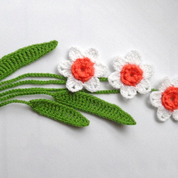 Crochet Applique Daffodil Flowers and Leaves Set