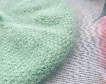 Women's Knitted Beret - French Beret - Wool Beret - Angora Rabbit Beret - Mint Green Beret - Fluffy Wool Beret - Gift