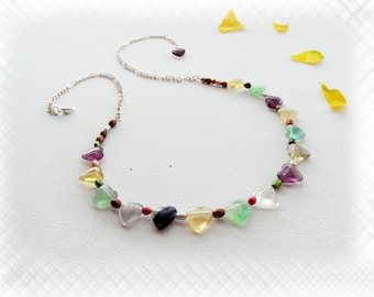 Hearts Necklace - Genuine Gemstone Necklace - Fluorite hearts & Multi-colour Pearl - Beaded Necklace - Mother's Day Gift