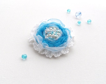 Organza Flower Brooch - Crochet Brooch - Fabric Flower - Corsage -  Blue Flower - Party Wedding Accessory