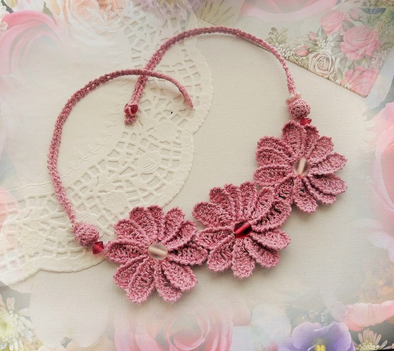 Crochet Necklace Floral Necklace Crochet Flowers Necklace Linen Necklace Mauve Necklace Handmade Jewellery