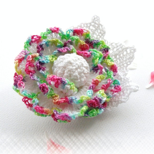 Crochet Brooch - Cotton Corsage Brooch  Multicolored White Flower