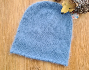 Women's Knitted Hat -  Angora Wool Beanie - Denim Blue Beanie -  Knit Cap - Fluffy Wool Hat - Christmas Gift