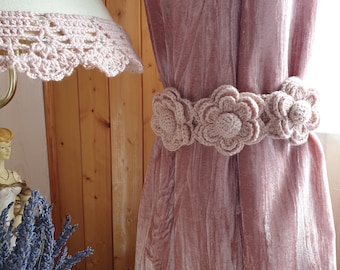 Crochet Curtain Tie Backs  - Floral Curtain Holders - Crocheted Flowers -  Romantic Roses - Blush Roses - Shabby Chic Room Decor