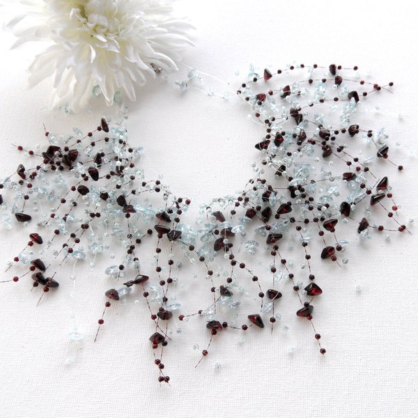 Pale Blue / Maroon Necklace Choker - Beaded Necklace, Floating Necklace