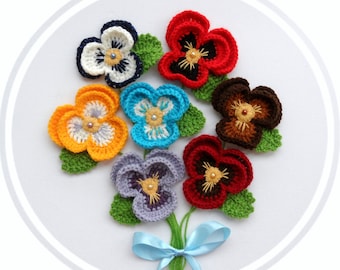 Crochet Applique -  Multicolored Flower Pansy Viola Flower  - Any Colour - Made to Order