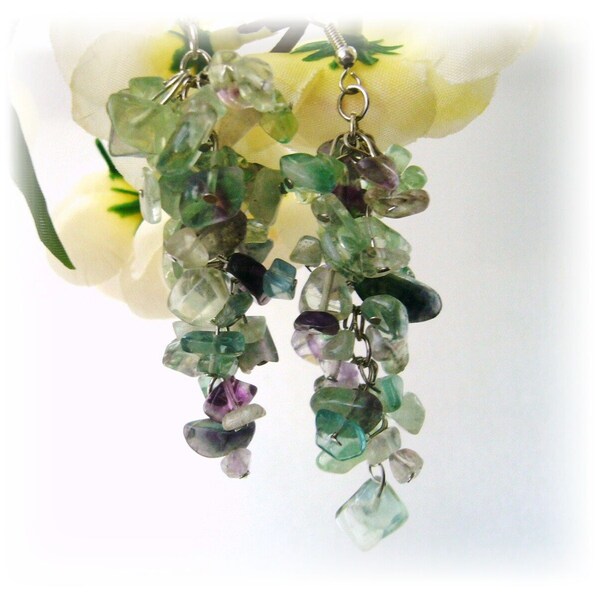 Green Earrings - Cluster Fluorite Chips Long Dangling Earrings - Handmade  Jewellery