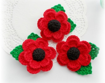 Crochet Poppy - Red Poppy Flowers - Remembrance Day Brooch - Corsage Brooch - MADE TO ORDER