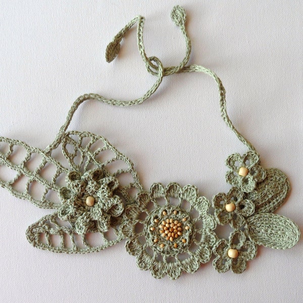 Crochet Linen Necklace - Statement Necklace - Crochet Bib Necklace