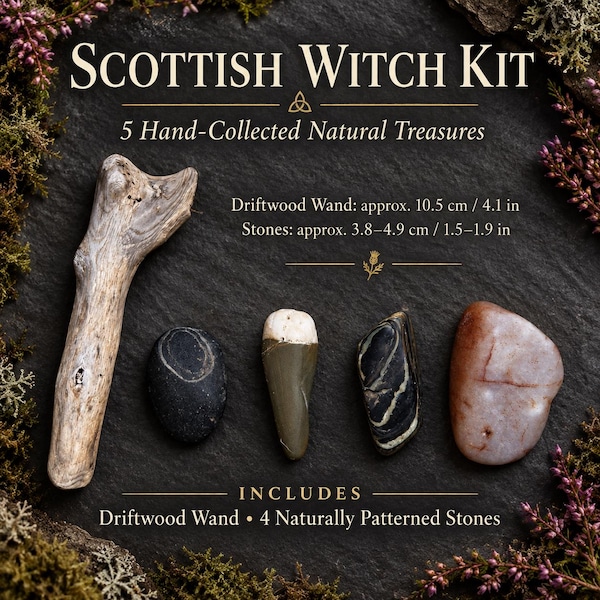 May include: A Scottish Witch Kit containing a driftwood wand and four naturally patterned stones. The driftwood wand measures approximately 10.5 cm, and the stones measure approximately 3.8 to 4.9 cm. The set includes five hand-collected natural treasures.