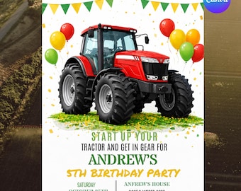 May include: A birthday party invitation featuring a red tractor, green and yellow bunting, and colourful balloons. Text reads: START UP YOUR TRACTOR AND GET IN GEAR FOR ANDREW'S 5TH BIRTHDAY PARTY, SATURDAY OCTOBER 25TH AT 5:00 PM, ANFREW'S HOUSE 36359 WEBER 23RD RICHMOND, MI 48062, RSVP TO ERICK AT 123.456.7891.