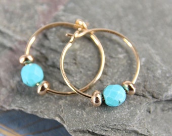 Gold-fill Hoops with Turquoise  gemstone Beads -  Small Gem hoops