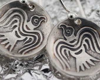 Odins Ravens Earrings Silver Hoops with Domed Sterling Discs