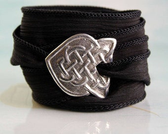 Celtic Silver Bracelet with Braid Pattern on Silk Ribbon Wrap