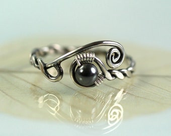 Hematite Twist Wire Wrapped Silver Viking Ring - Rustic and Adjustable - Open Ring