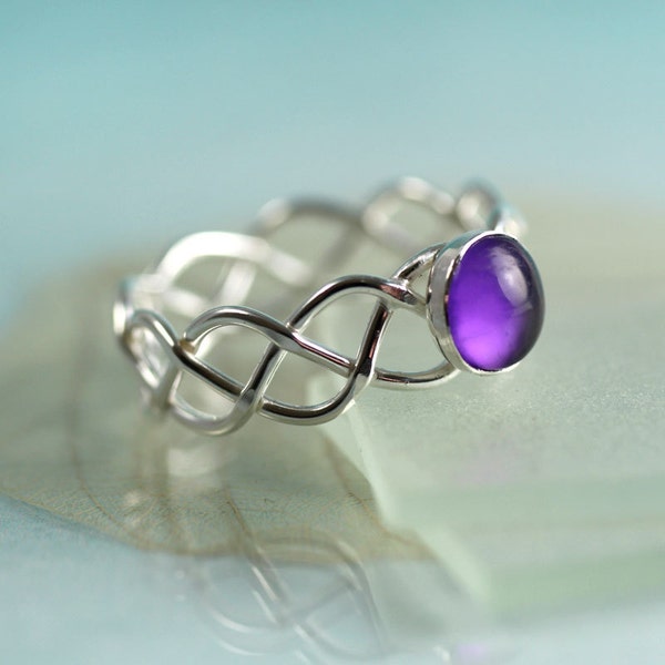 Silver Amethyst Celtic Ring - Gemstone Braid Girlfriend Ring