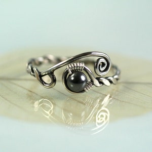 Hematite Twist Wire Wrapped Silver Viking Ring - Rustic and Adjustable - Open Ring