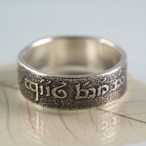 Elvish Silver Ring Band - The Road Goes Ever On - Elven Fantasy Script Calligraphy Quote Ring