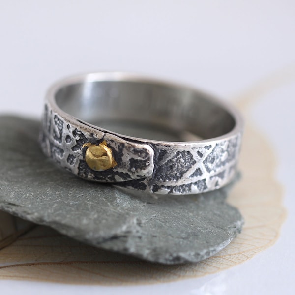 Silver Rune Ring Band With Gold Rivet Detail and Overlap