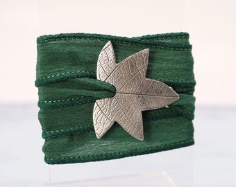 Silver Leaf Wrap Bracelet | Elvish Jewellery with Soft Silk Ribbon