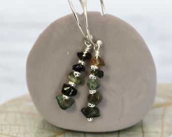 Silver Tourmaline Dangle Earrings  Green Gemstone Beads October Birthstone Gift