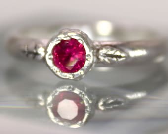 Ruby Flower Ring in Silver Half Round Band - Unique in size UK N  /  US 6.5