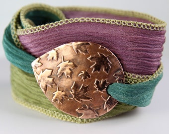 Copper and Silk Cuff Bracelet with Falling Leaves