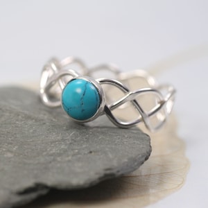 Braided Sterling Silver Ring with Turquoise Stone - Celtic Style