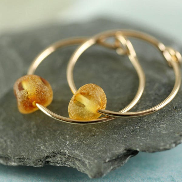 Gemstone Gold Hoops Amber Earrings 14 ct Gold Fill Sleeper Earrings with Amber Beads  Gem Hoops loop and hook