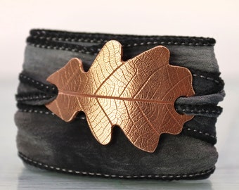 Copper Oak Leaf Bracelet | Silk Wrap Autumn Leaf