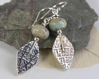 Viking Rune Silver Earrings with Seagreen Jasper Stones - Relic style