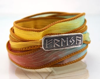 Silver Wrap Bracelet  Freya in Viking Runes  Ribbon Silk Cuff