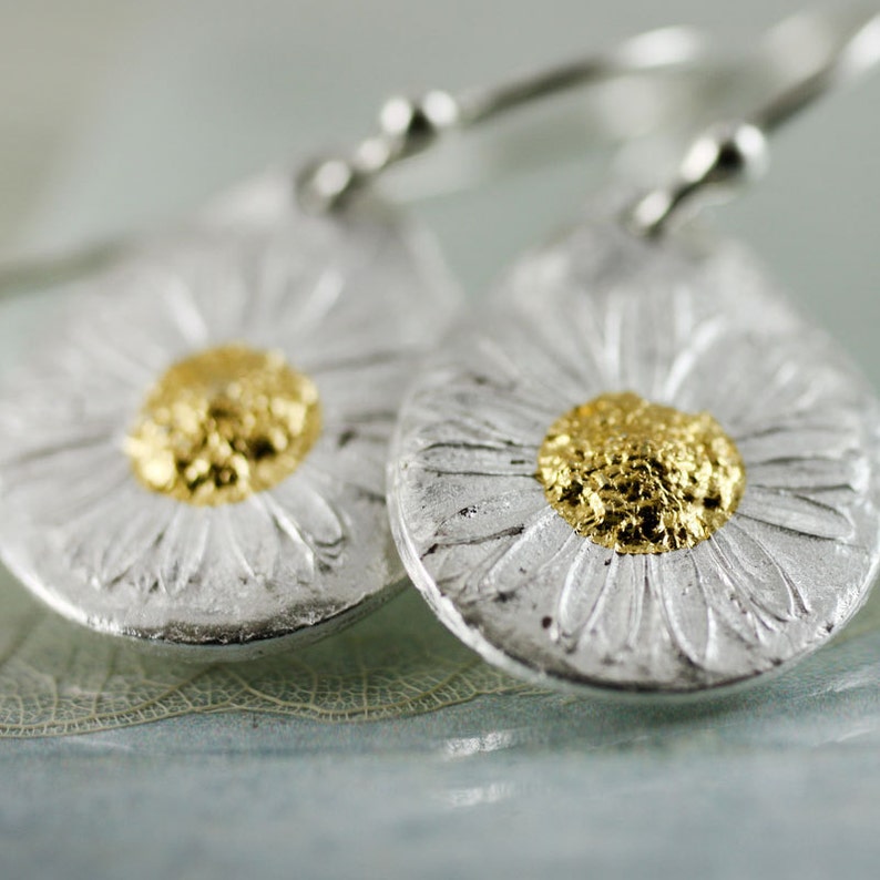 Silver Daisy Earrings with Sunshine Silver and Gold Earrings Flower Mixed Metal Bridal Earrings Summer Bride