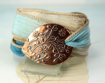 Copper Flower Bracelet  Silk Ribbon Wrap  Wrist Wrap Bracelet and Handmade Copper Focal  Ribbon Bracelet  Yoga Jewelry  Silk Cuff