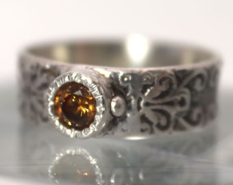 Wide Sterling Band Ring - Intricate Pattern and Topaz CZ Stone - Unique in Size 9  -   UK R 0.5