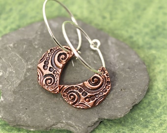 Copper Moon Earrings with Sterling silver Sleeper Hoops