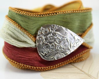 Flower Pattern Silver Bracelet:  Oxidized Recycled With Silk Ribbon Cuff