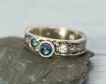 Silver Ring Mermaid Theme with Blue Spinel, Aqua Nano and CZ, Size UK Q0.5