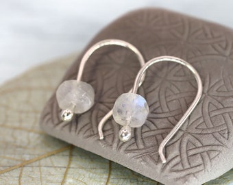 Silver Hook Earrings with Rainbow Moonstone Beads - Everyday Jewellery