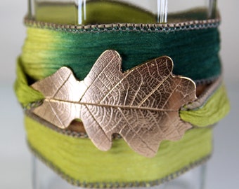 Wrap Bracelet with Bronze Oak Leaf Bracelet Silk Ribbon Wrap Fall Leaf Nature Jewellery