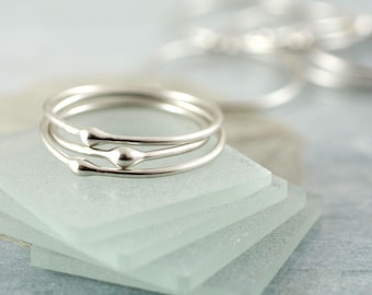 Elegant Silver Stacking Ring Set - 3 Argentium Sterling Stackable Rings with Drop Design