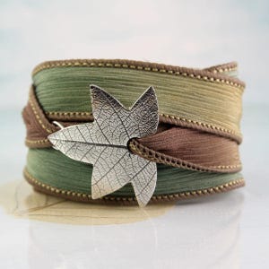Silver Leaf Wrap Bracelet | Elvish Jewellery with Soft Silk Ribbon