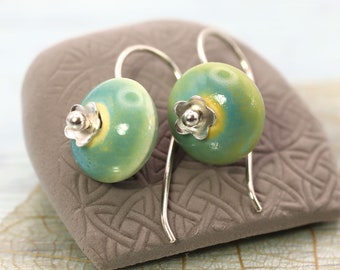 Silver and Ceramic Hook Earrings - Blue Green Beads with flower detail