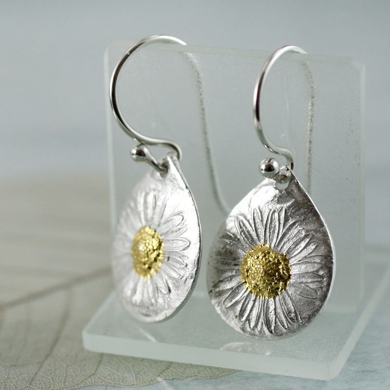 Silver Daisy Earrings with Sunshine Silver and Gold Earrings Flower Mixed Metal Bridal Earrings Summer Bride