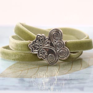 Silver Leaf Bracelet - Cuff jewellery Velvet Ribbon  Wrap Bracelet