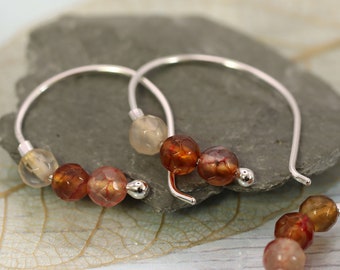 Silver Earrings in an Open Hoop Style - String of Agate Beads