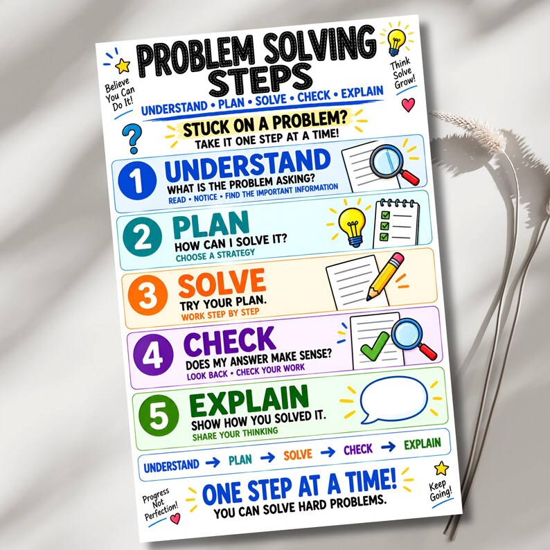 May include: A white educational poster titled Problem Solving Steps with five numbered sections: Understand, Plan, Solve, Check, and Explain. Each section includes text instructions, colorful icons like a magnifying glass, lightbulb, pencil, and checkmark, and motivational phrases like Believe You Can Do It.