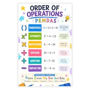 May include: An educational poster titled Order of Operations PEMDAS, featuring colorful sections for parentheses, exponents, multiplication, division, addition, and subtraction with math examples and instructions, decorated with stars and a lightbulb.