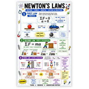 May include: An educational poster titled Newton's Laws detailing motion, force, inertia, and action and reaction. It features colorful diagrams, physics equations like F=ma, and illustrations of a car, a rocket, and people interacting with objects.